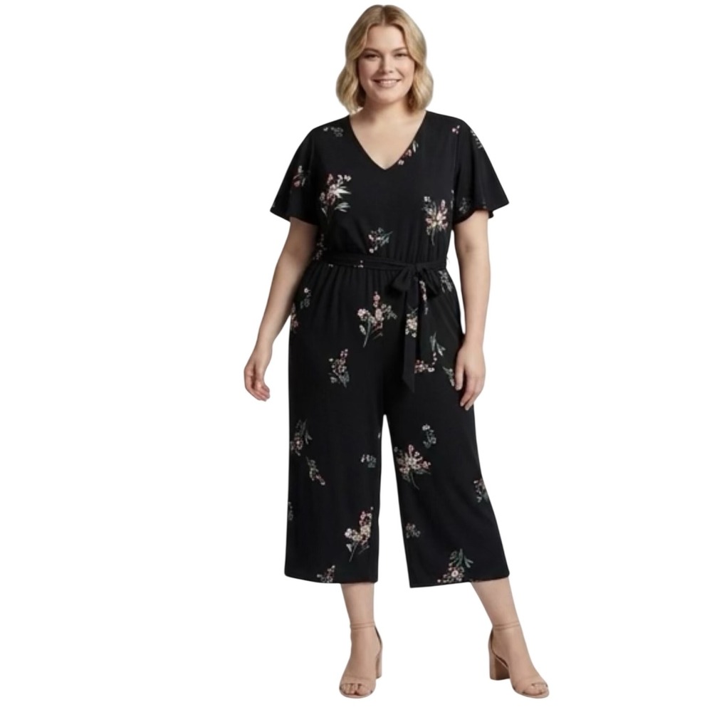 In Every Story Womens Black Floral V-Neck Flutter Sleeve Cropped Jumpsuit Pocket